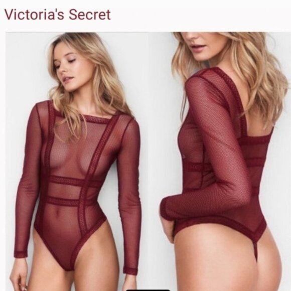 Victoria's Secret Other - VICTORIA SECRET Burgundy Fishnet Thong Mesh Bodysuit Sz S